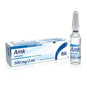 Amk (amikacina) solucion inyectable 500mg, caja 1 ampolleta.