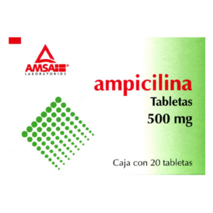 Ampicilina tableta 500mg, caja 20 tabletas.