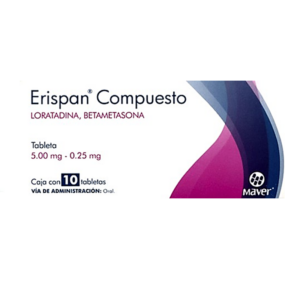 Erispan compuesto (Loratadina/Betametasona) tableta 5mg/0.25mg, caja 10 tabletas.