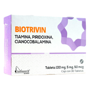 Biotrivin (Tiamina/piridoxina/cianocobalamina) 100mg/5mg/50mcg, caja 30 tabletas.