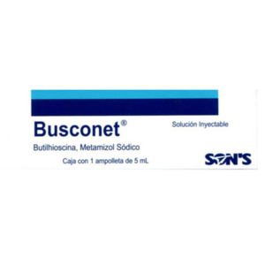 Busconet (Hioscina/metamizol) solucion inyectable 20mg/2.5g, caja 1 ampolleta.