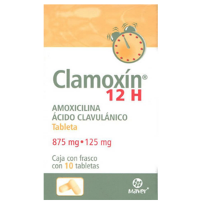 Clamoxin (amoxicilinag/acidoclavulanico) tableta 875m/125mg, frasco 10 tabletas.