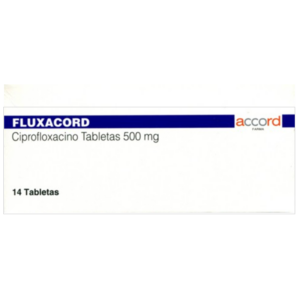 Fluxacord (ciprofloxacino) tableta 500mg, caja 14 tabletas.