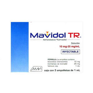 Mavidol TR (ketorolaco) solucion inyectable 10g/25mg, caja 3 ampolletas.