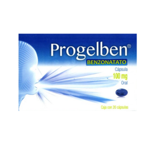 Progelben (benzonatato) capsula 100mg, caja 20 capsulas.