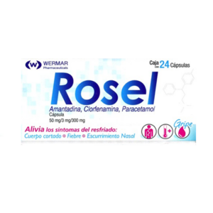 Rosel (amantadina/clorfenamina/paracetamol) c?psula 50mg/3mg/300mg, caja 24 c?psulas.
