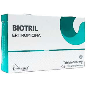 Biotril (Eritromicina) tableta 500mg, caja 20 tabletas.
