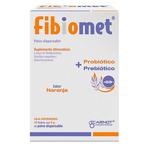 Fibiomet suplemento alimenticio sabor naranja en polvo, caja 10 sobres.