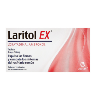 Laritol EX (loratadina/ambroxol) tabletas 5mg/30mg, caja 10 tabletas.