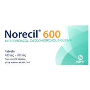Norecil 600 (metronidazol/diyodohidroxiquinoleina) tableta 400mg/200mg, caja 20 tabletas.
