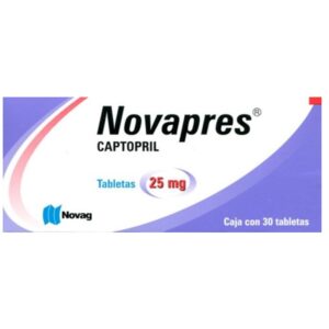 Novapres (captopril) tableta 25mg, caja 30 tabletas.