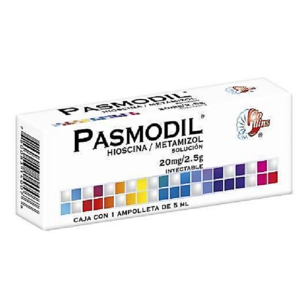 Pasmodil (hioscina/metamizol) solucion inyectable 20mg/2.5g, caja 1 ampolleta.