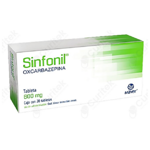 Sinfonil (oxcarbazepina) tableta 600mg, caja 20 tabletas.