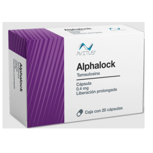 Alphalock (tamsulosina) capsula 0.4mg, caja 20 capsulas.