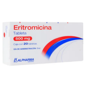 Eritromicina tableta 500mg, caja 20 tabletas.