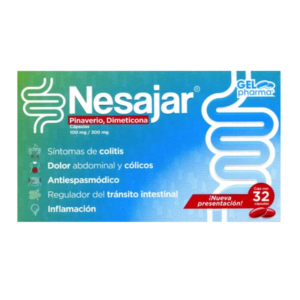 Nesajar (Pinaverio/dimeticona) capsulas 100/300mg, caja 32 capsulas.